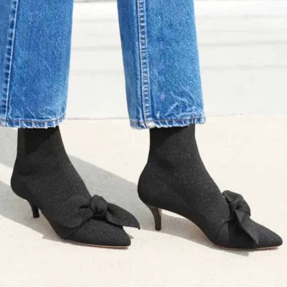 Loeffler Randall Kassidy Black/Shimmer Knit Bow Ankle Sock Booties New - Picture 1 of 13